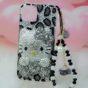 3D Bling Kitty Gray Leopard iPhone Case with Rhinestones