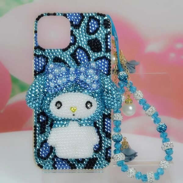 My Melody iPhone Case Light Blue Leopard Pearl Face Rhinestone Bling - Image 3