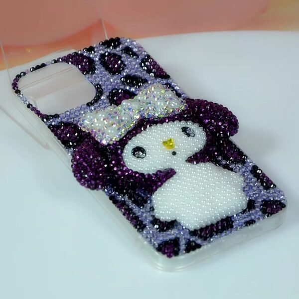 Cute My Melody Rhinestone Pearl Face iPhone Case Deep Purple Leopard Print Design - Image 2