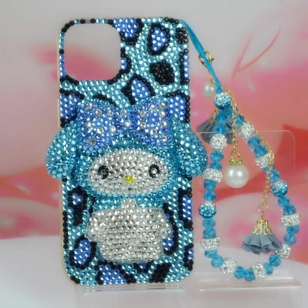 My Melody iPhone Case Light Blue Leopard Rhinestone Face Bling - Image 3